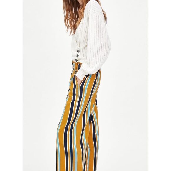 Zara TRF Mustard Striped Wide Leg Culotte Cropped Pull On Pants Size Small - Picture 2 of 10